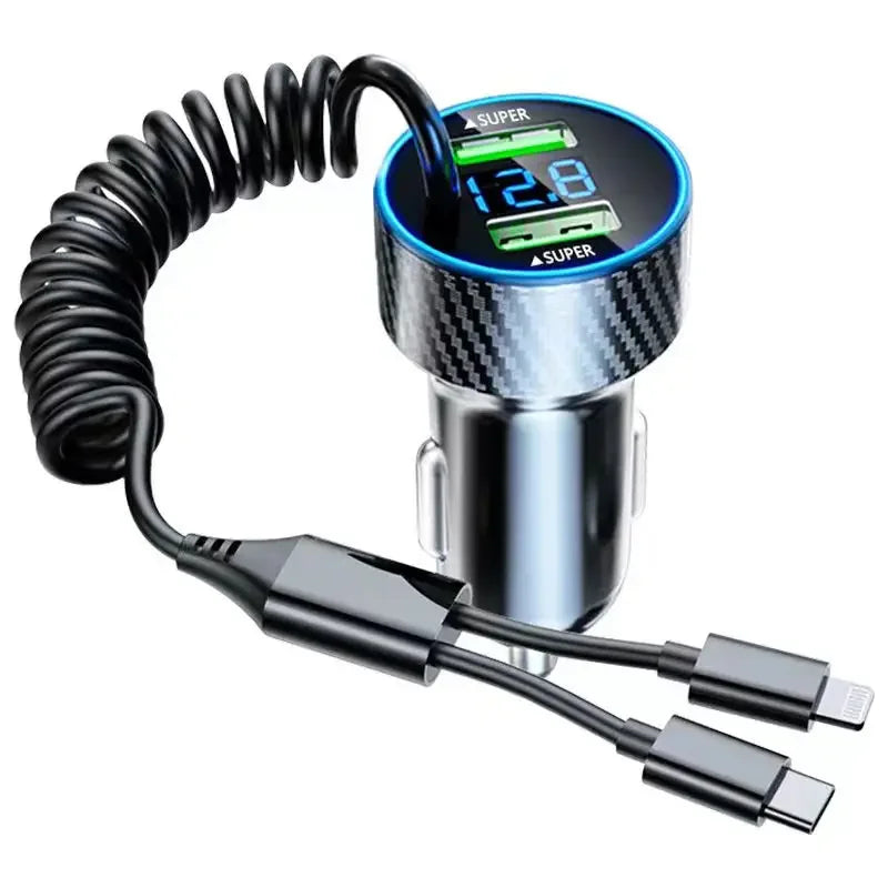 PowerSync™ - 4-in-1 Retractable 350W USB Car Charger with LED Voltage Display