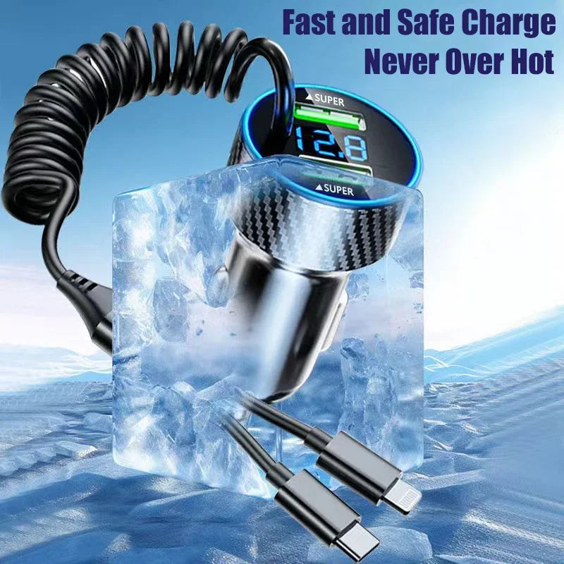 PowerSync™ - 4-in-1 Retractable 350W USB Car Charger with LED Voltage Display